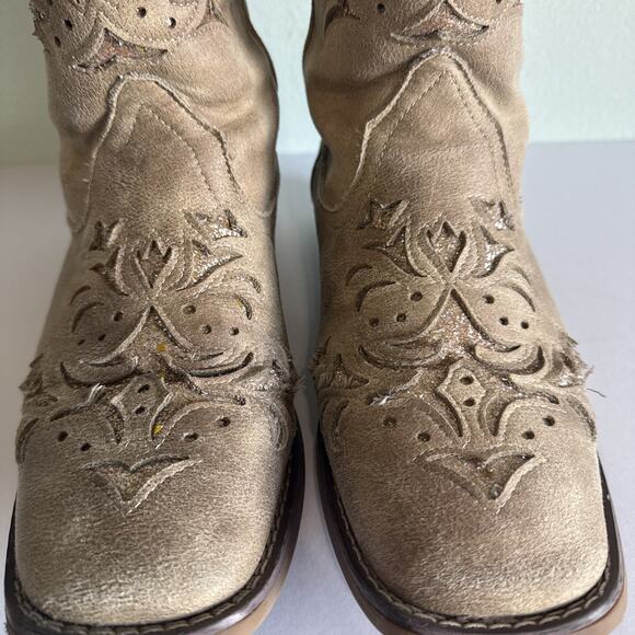 Roper Kennedy Western Boots laser cut design glitter Tan Womens Size 9 M - Picture 3 of 8